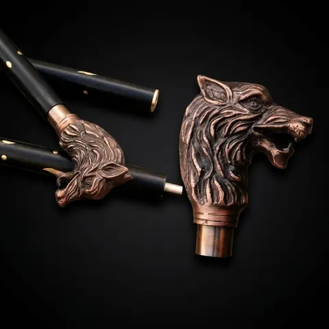 Antique Brass Wolf Head Handle Walking Stick view 1