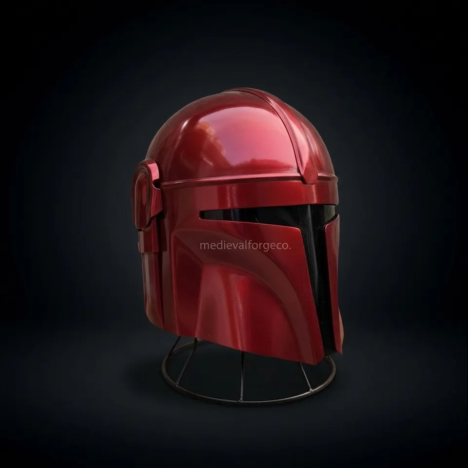 Red Sci-Fi Mandalorian Armor Helmet — Futuristic Display