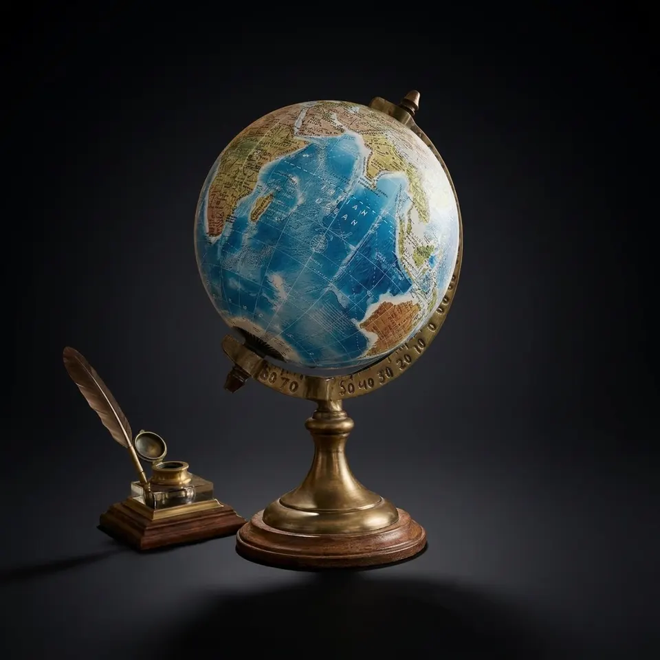 Vintage Antique Brass Globe with Brass Ring and Wooden Base view 1