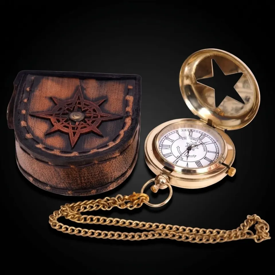 Brass Pocket Watch — Push-Button Leather Case II view 1