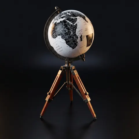 Vintage Globe with Black and White Map on Adjustable Wooden Tripod Stand view 1