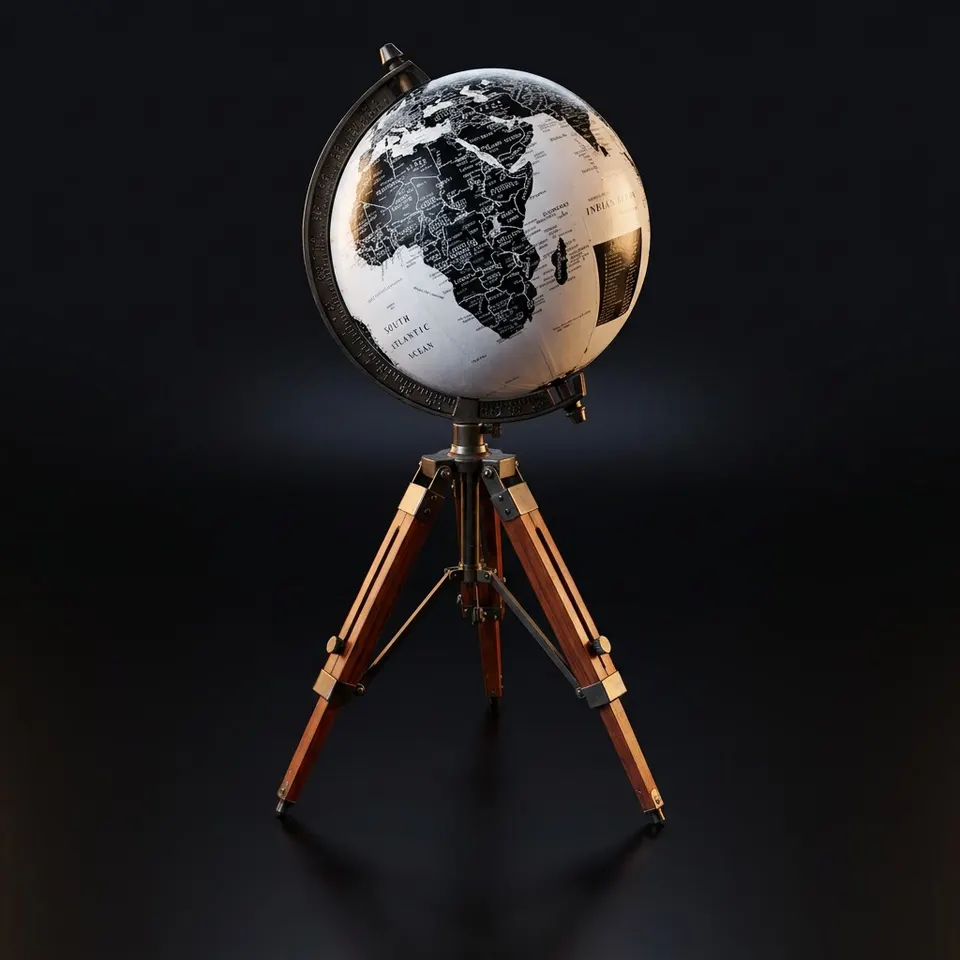 Vintage Globe with Black and White Map on Adjustable Wooden Tripod Stand view 1