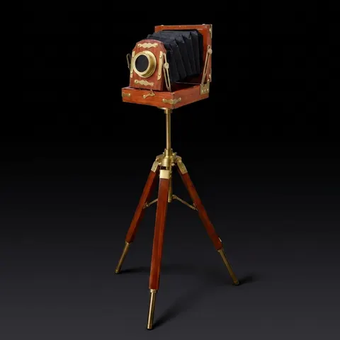 Brass & Wood Camera on Rustic Tripod view 1