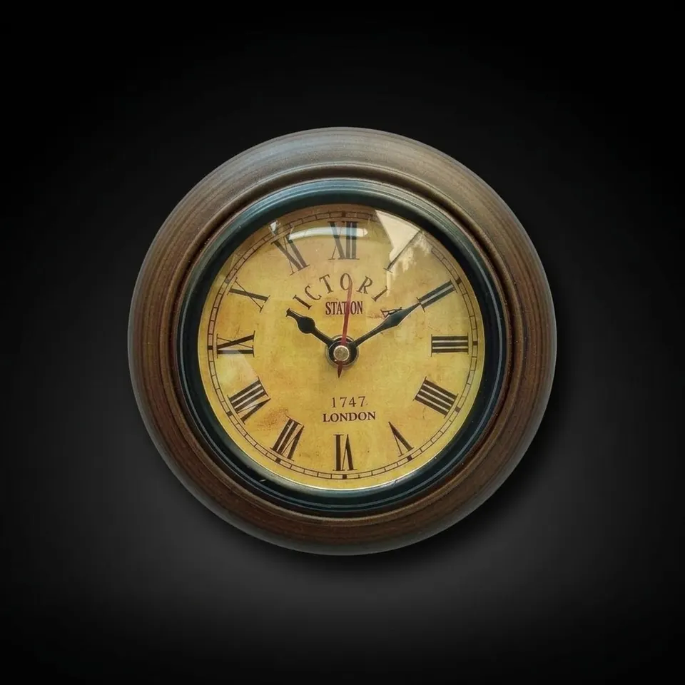 Round Vintage Wall Clock Wooden Finish