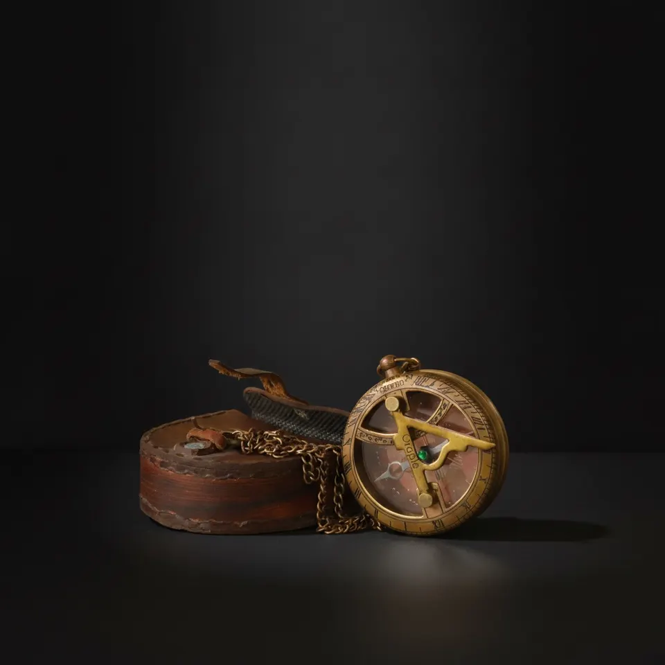 Brass Sundial Compass Pendant with Leather Case