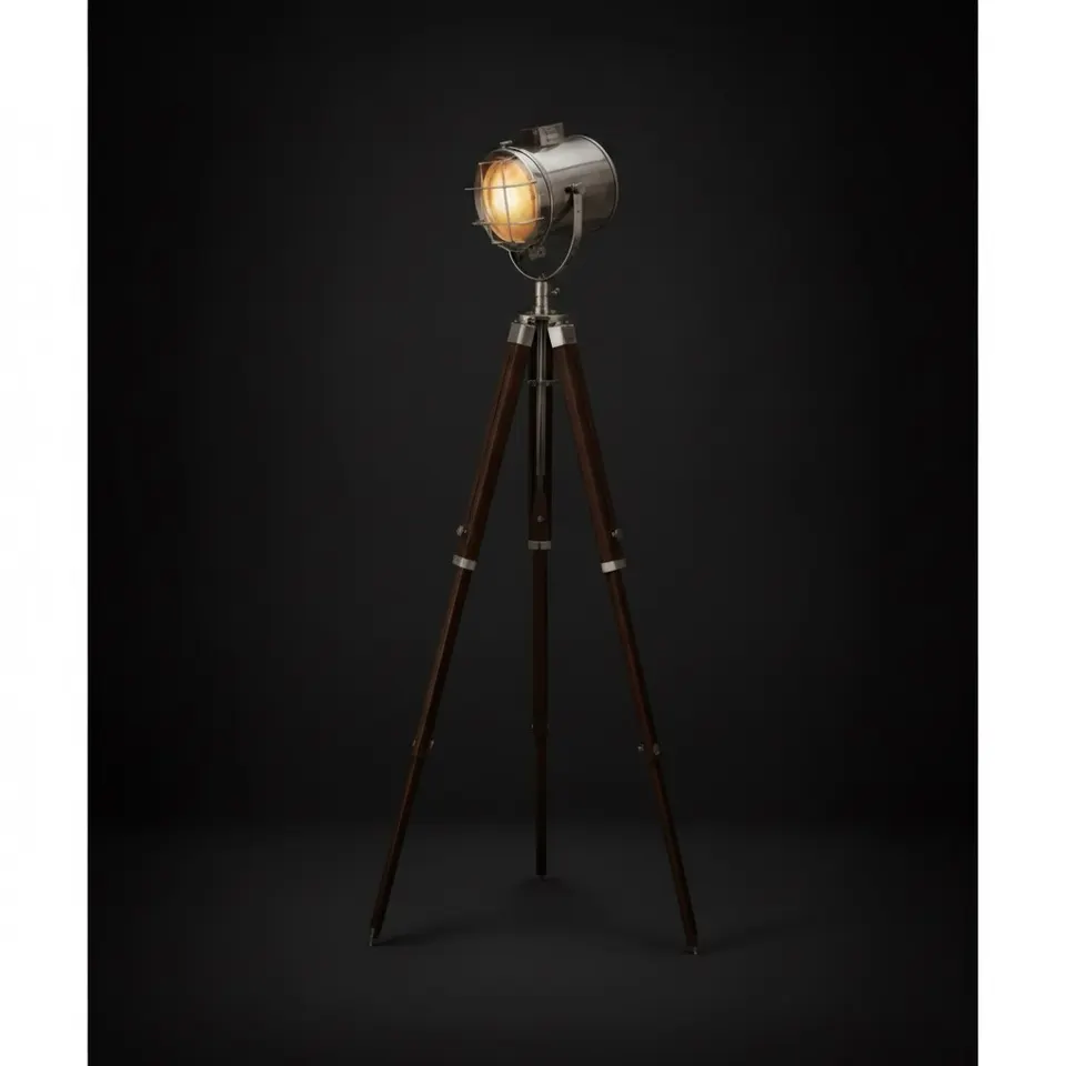 Chrome Spotlight on Wooden Tripod