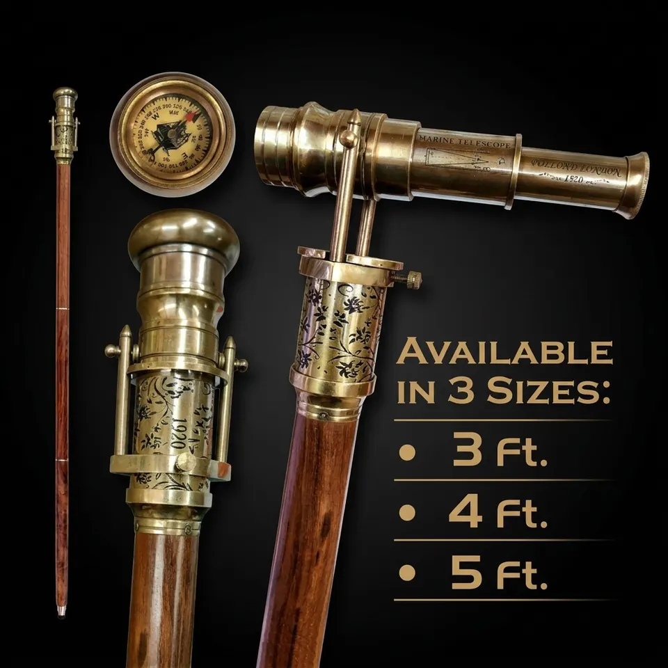 Brass Telescope Compass Handle Rosewood Walking Stick