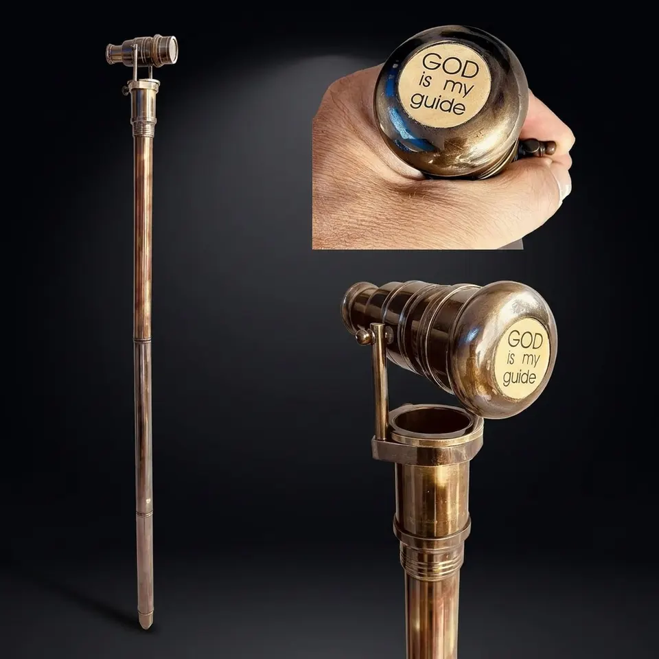 Brass Telescope Handle Walking Stick with Engraved Cap