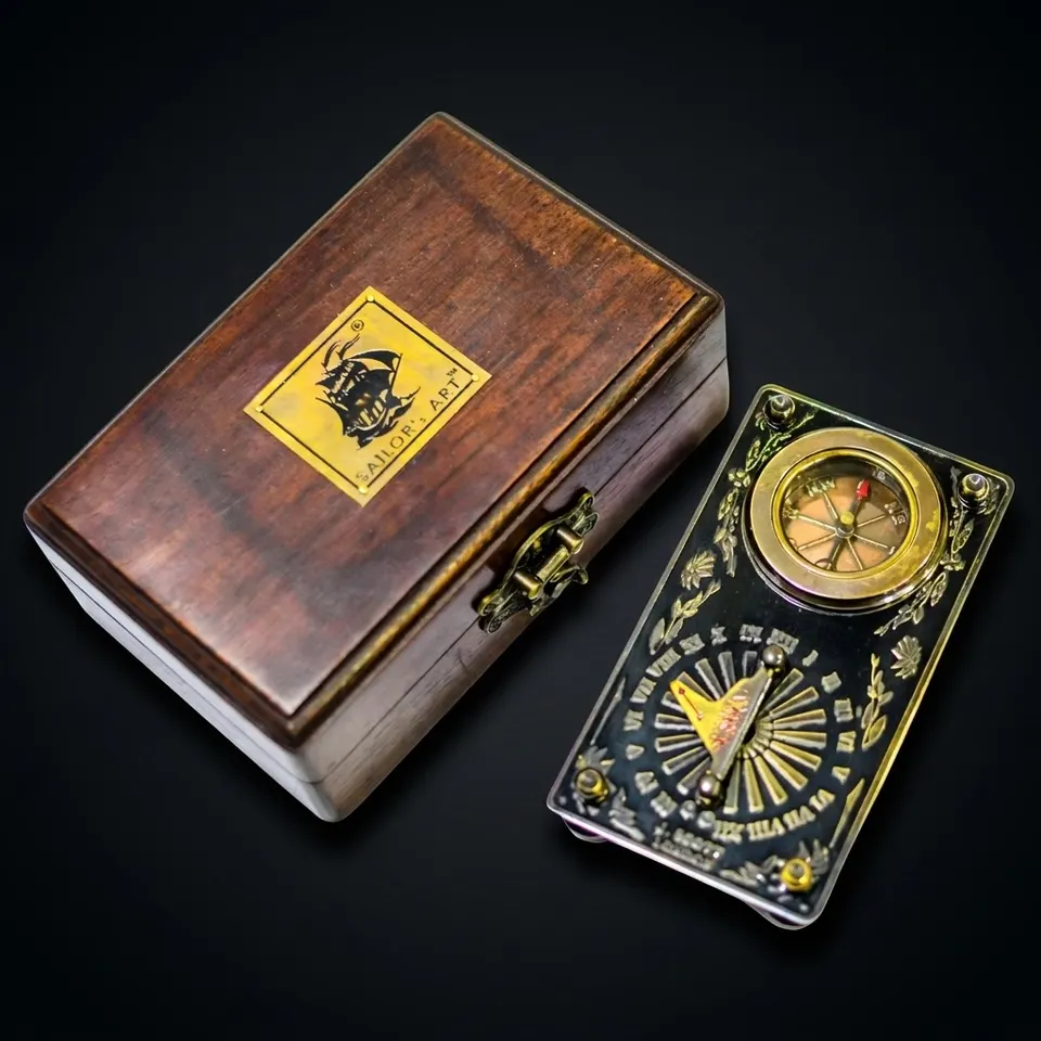 Antique Brass Sundial Compass with Rectangular Rosewood Presentation Box