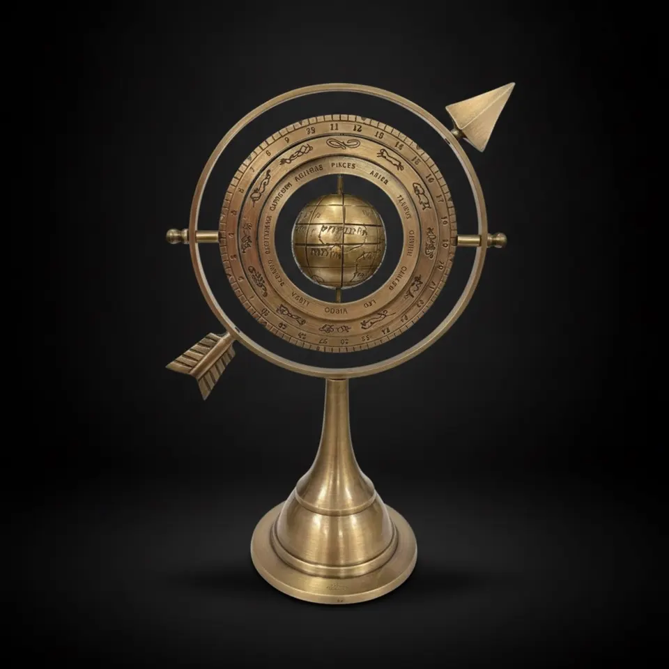 Engraved Brass Armillary Sphere with Pierced Arrow