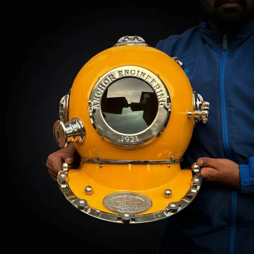 Deep Sea Diving Helmet with Yellow Finish and Black Wooden Base