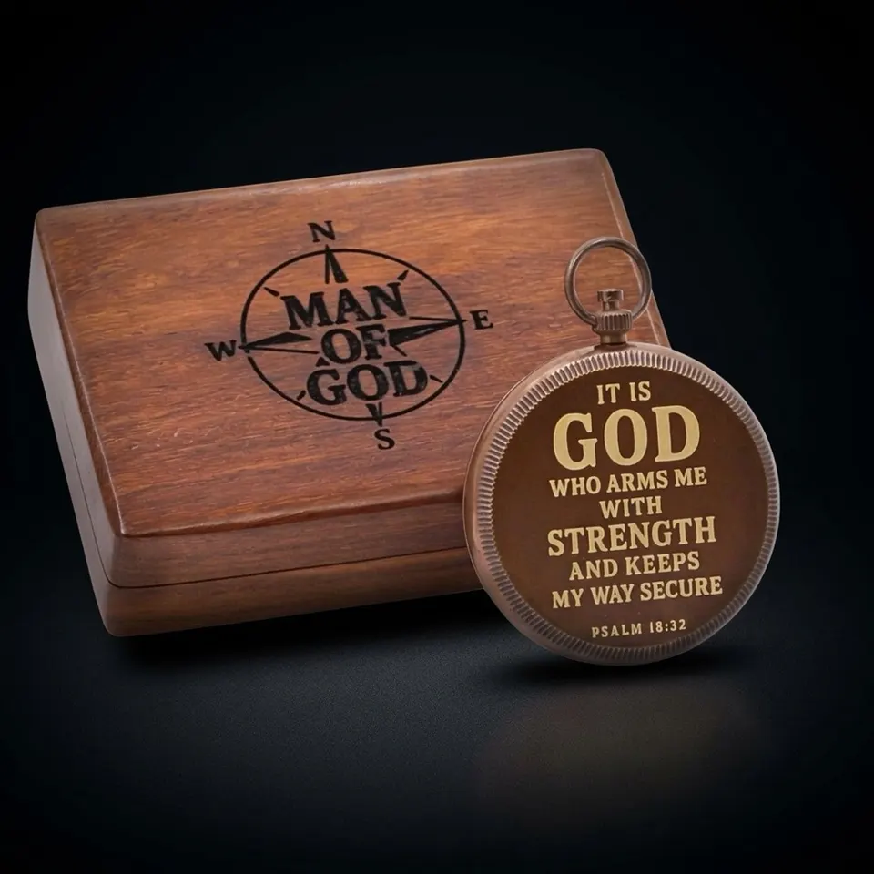 Psalm 18:32 Compass, Wooden Box