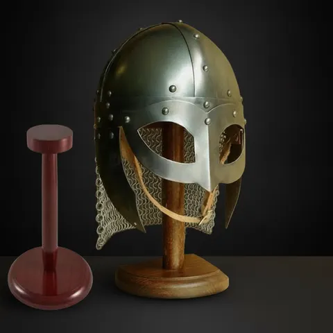 Viking Vendel Spectacle Helmet — Chainmail Wooden Stand view 1