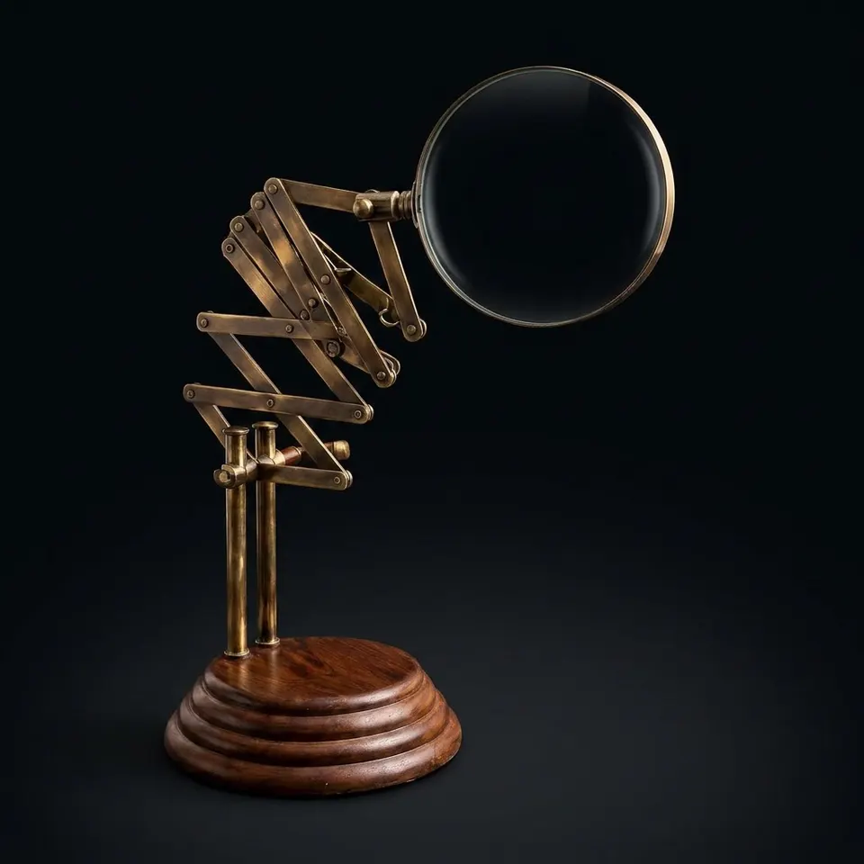 All-Brass Magnifier 4" on Wooden Stepped Round Base with Zigzag Mechanism