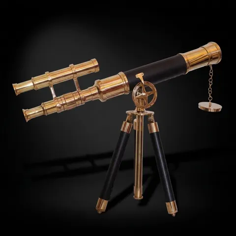 Double Barrel Brass & Leather Floor Standing Telescope 36" with Black Wooden Tripod view 1