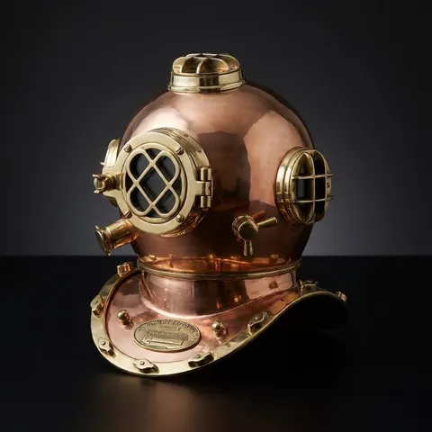 Brass Copper Diving Helmet with Polished Antique Finish and Wooden Base view 1