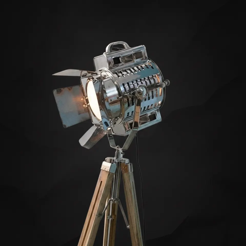 Chrome Spotlight on Teak Wood Tripod
