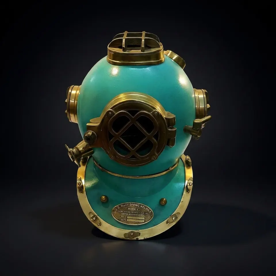 Mark V Diving Helmet with Aqua Blue Finish and Brass Highlights