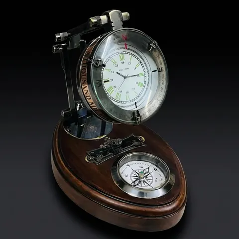 Foldable Brass Desk Clock with Red Leather Case and Working Compass view 1