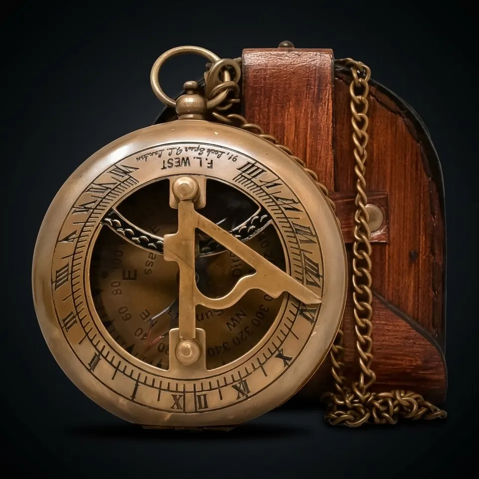 Antique Brass Sundial Compass with Leather Presentation Box