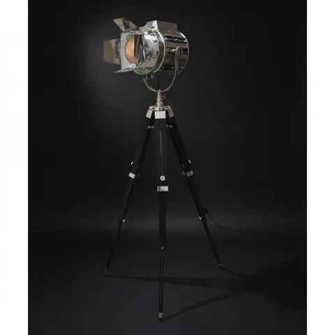 Chrome Spotlight on Black Wooden Tripod view 1