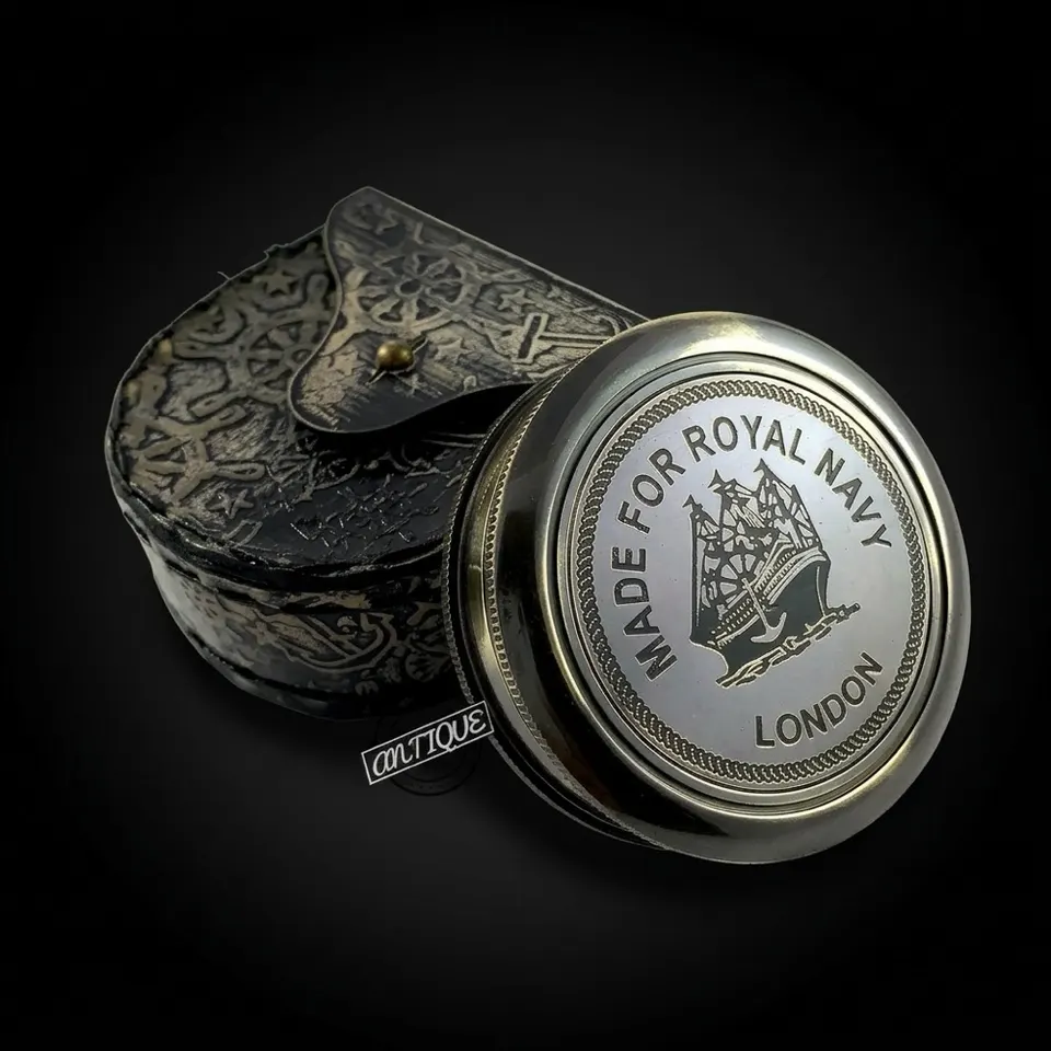 Antique Finish Compass, Leather Case view 1