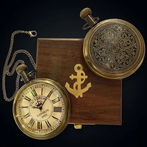 Brass Pocket Watch — Embossed Back & Wooden Box view 1
