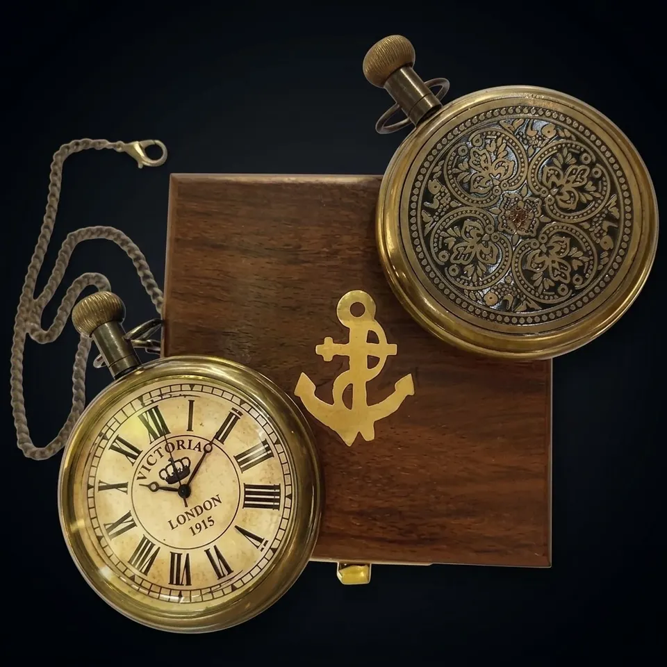 Brass Pocket Watch — Embossed Back & Wooden Box view 1