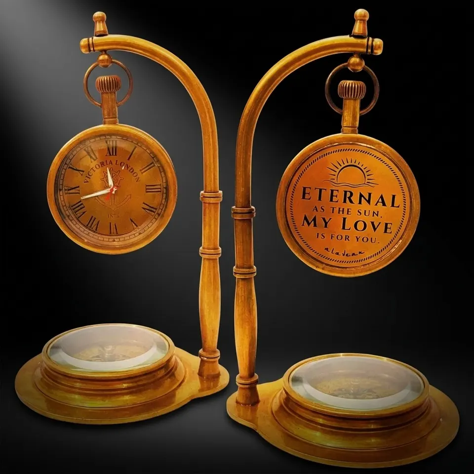 Brass Desk Clock with Working Compass, Victoria London Dial