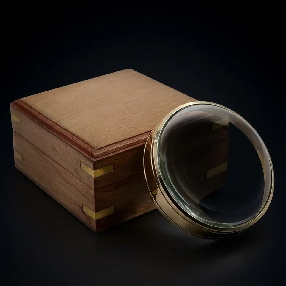 Vintage Brass Desk Dome Magnifier 3" with Wooden Rectangular Box