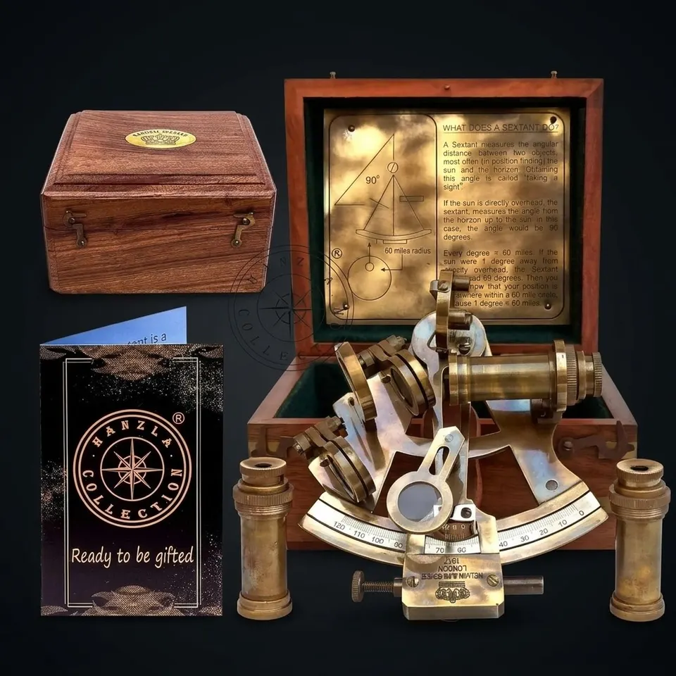 Antique Brass Sextant with Two Extra Telescopes and Wooden Box view 1