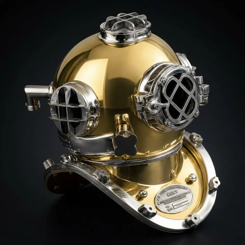 Diving Helmet with Goldenish Mustard Finish and Nickel Highlights