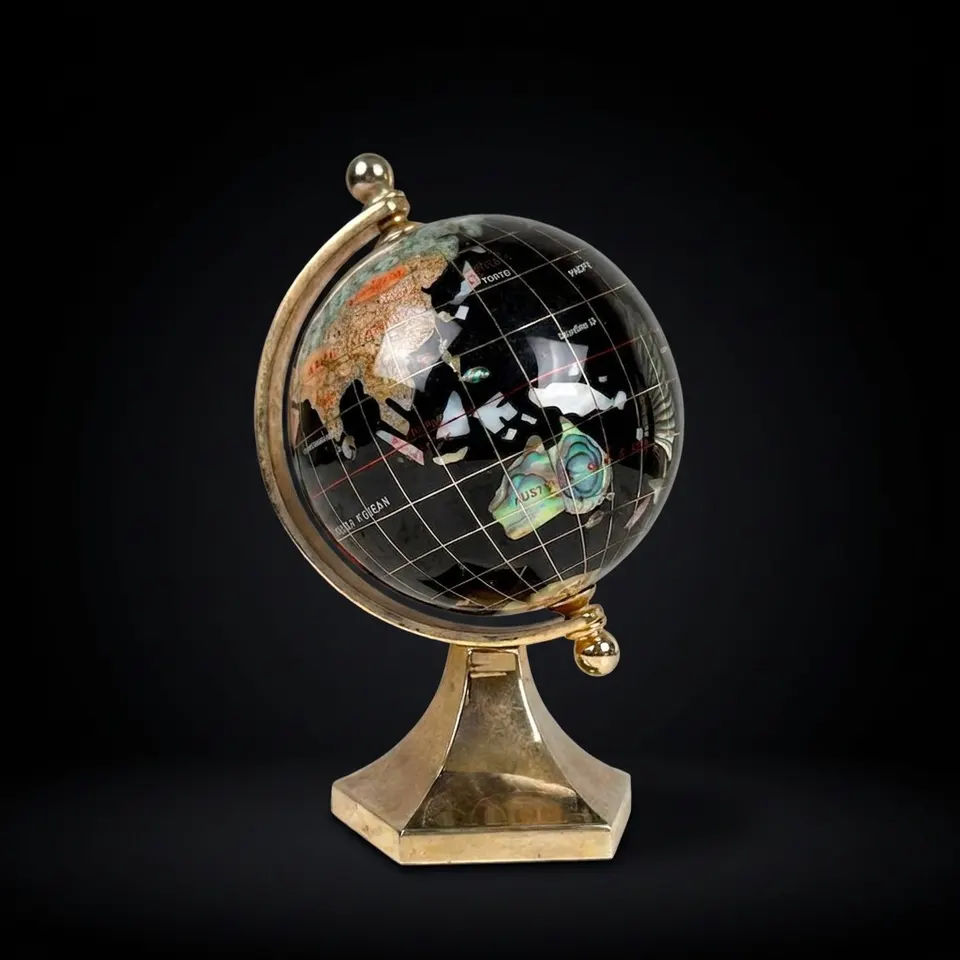 Small Brass Desk Globe with Black Gemstone-Inlaid World Map