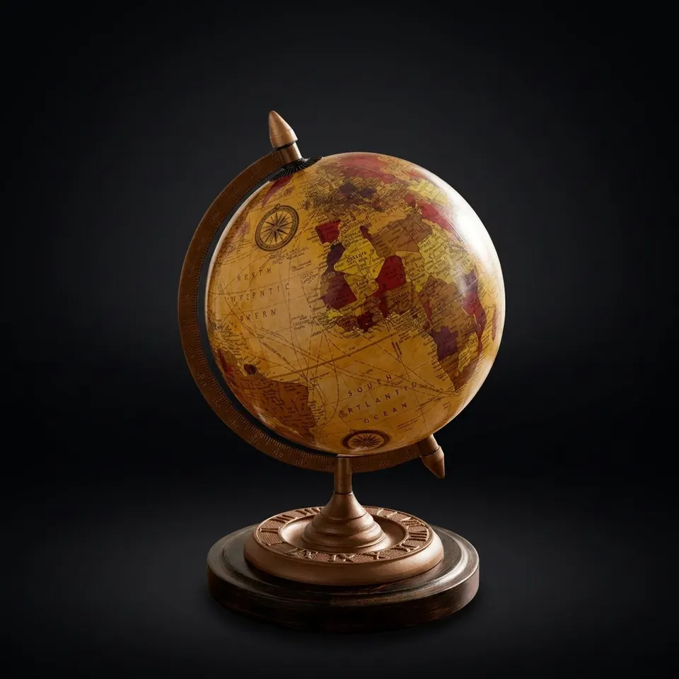 Vintage Desk Globe with Detailed Map on Wooden Base and Brass Ring view 1