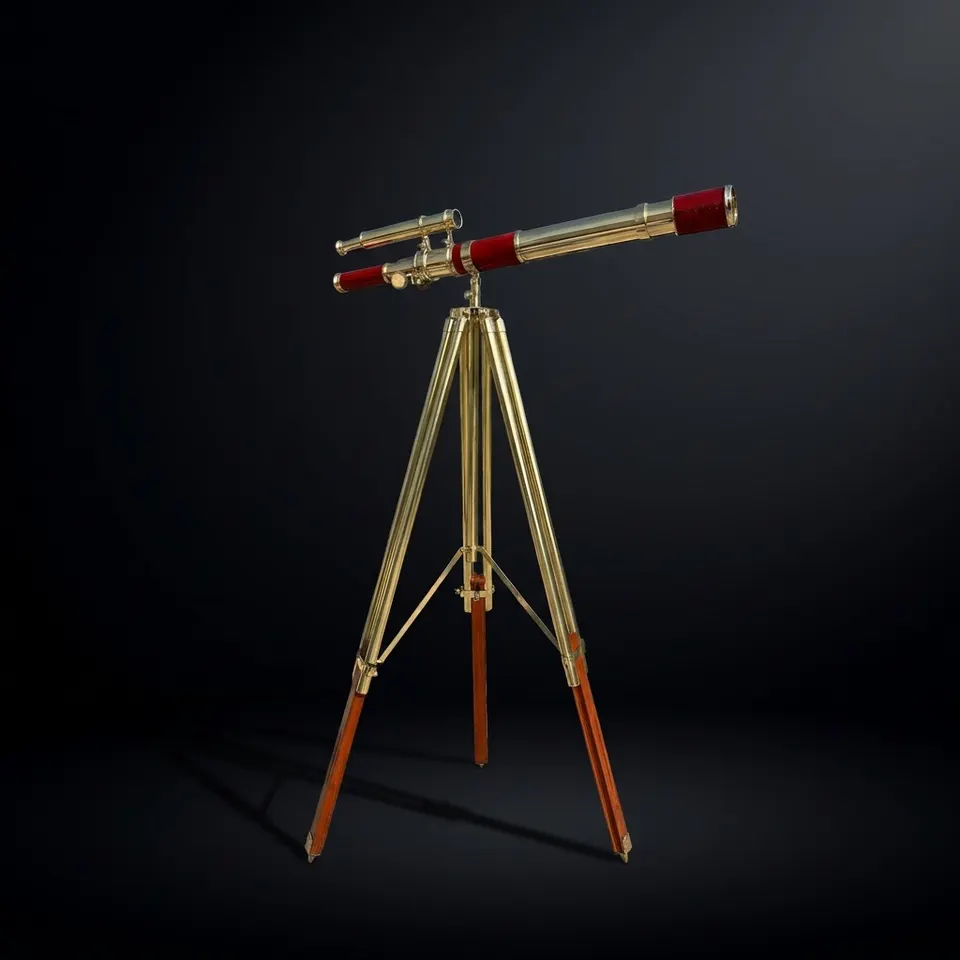Double Barrel Brass Floor Standing Telescope 62" with Wooden Tripod Stand