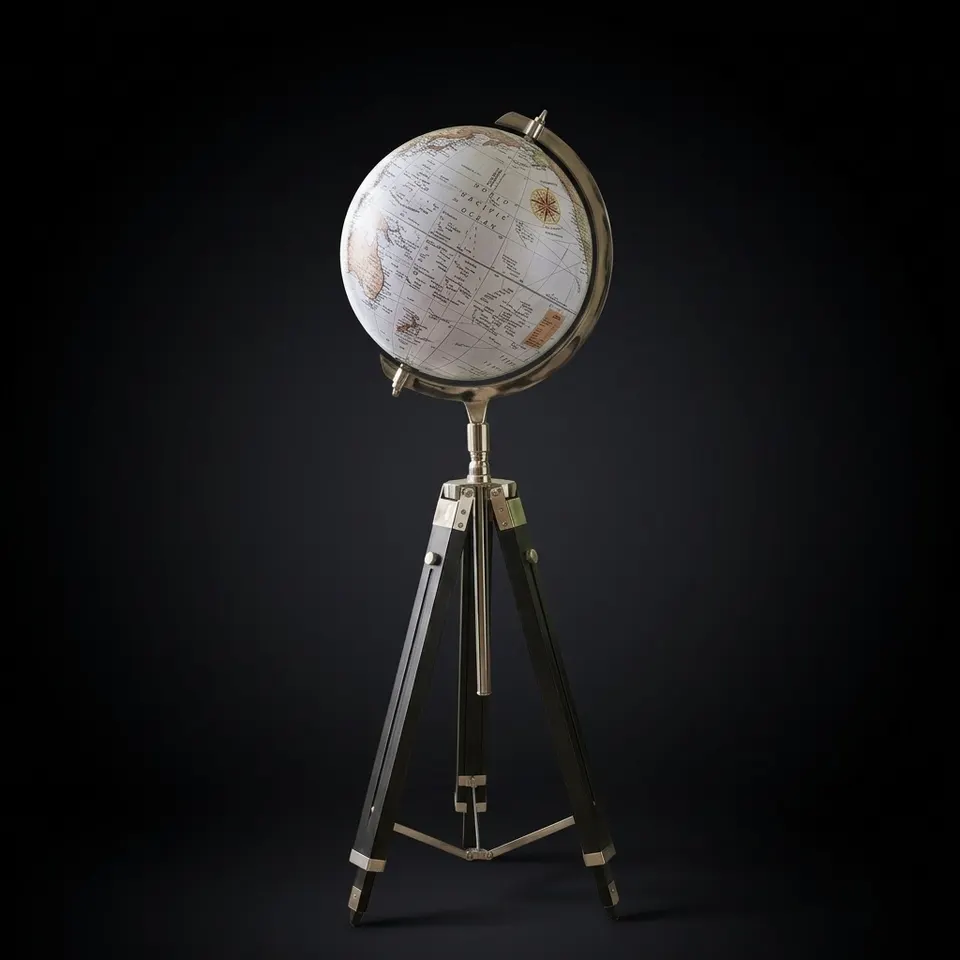White Map Globe with Chrome Nickel Ring on Black Wooden Tripod Stand