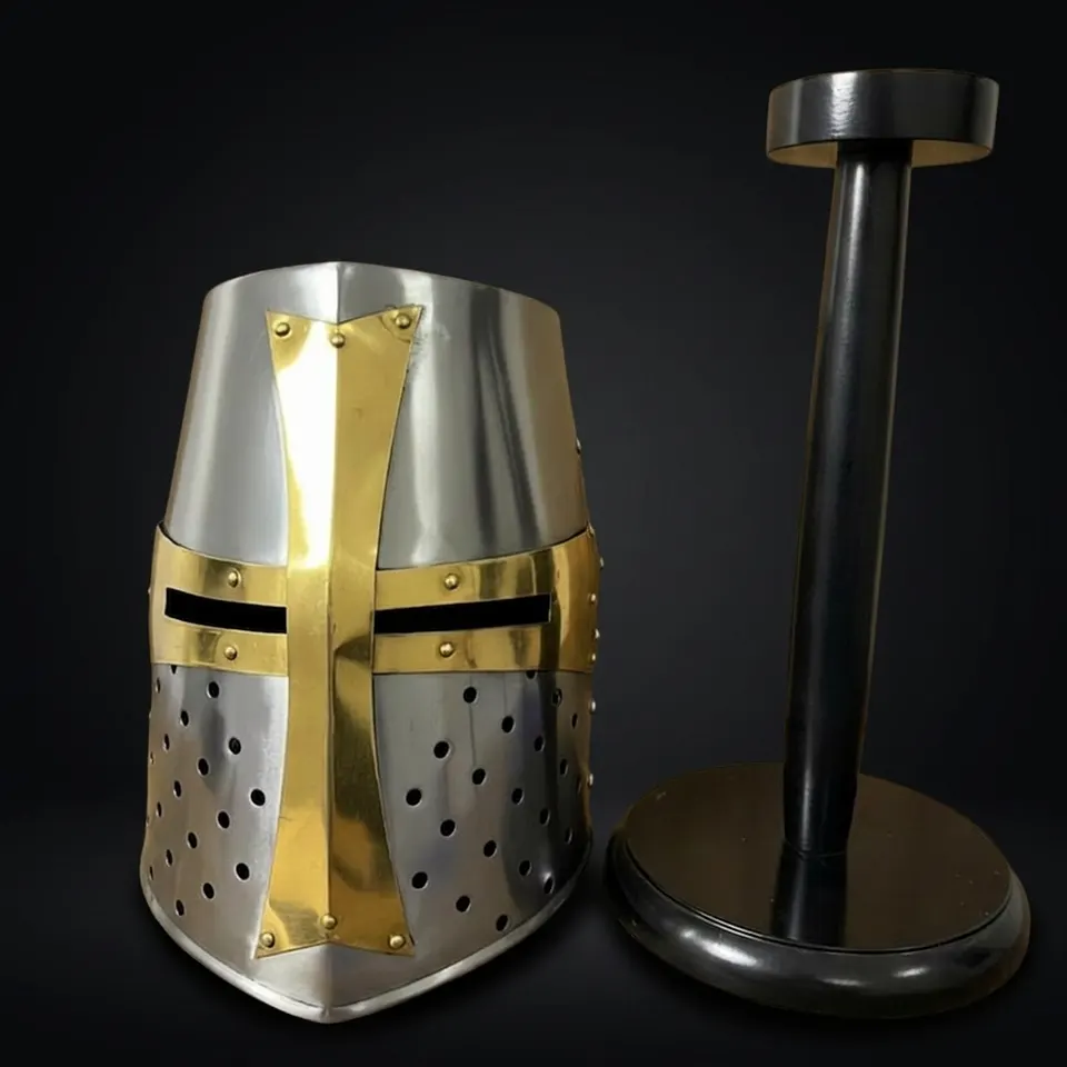 Medieval Crusader Helmet — Templar Warrior with Stand