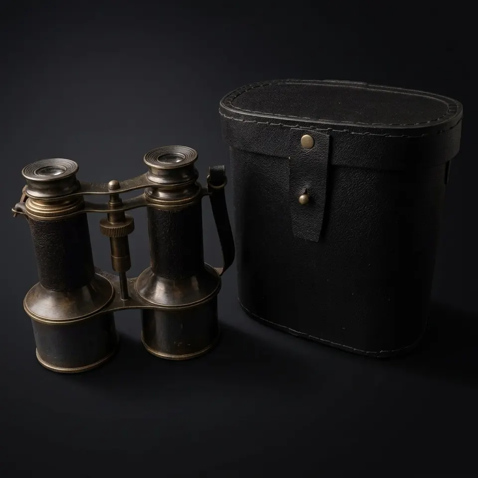 All Black Leather Wrapped Brass Binocular with Leather Case and Belt view 1
