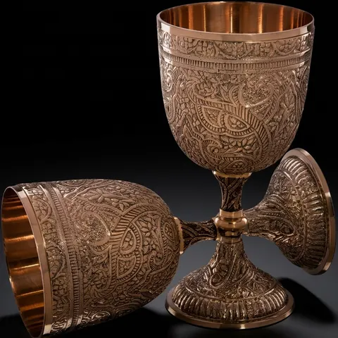 Embossed Brass Goblet with King Arthur Medieval Motif view 1