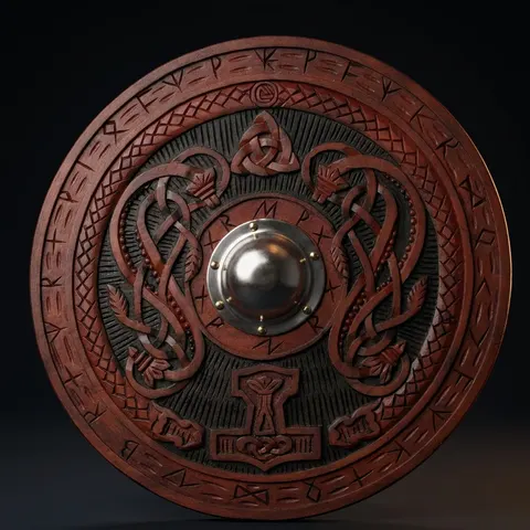 Hand-Carved Wooden Viking Shield with Norse Décor view 1