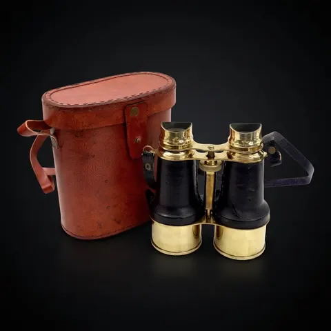 Black Leather Wrapped Brass Binocular with Red Leather Case view 1