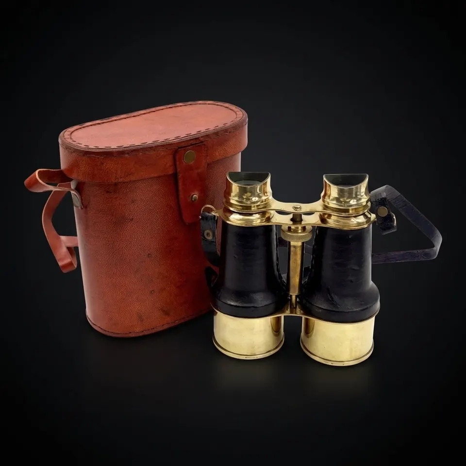 Black Leather Wrapped Brass Binocular with Red Leather Case view 1