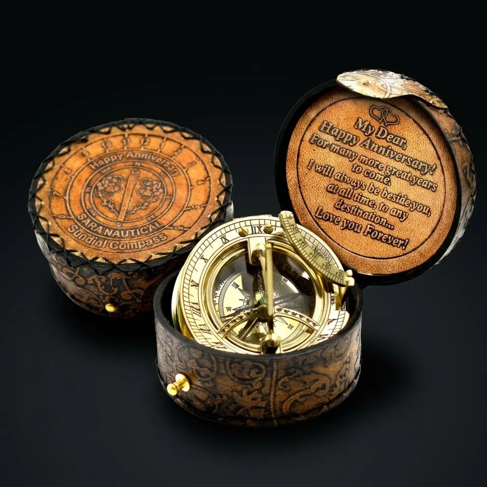 Polished Brass Sundial Compass with Genuine Leather Carry Case view 1