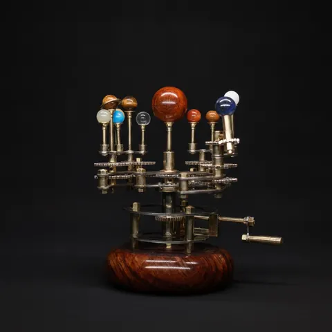 Brass Orrery with Semi-Precious Stones and Teakwood Base view 1