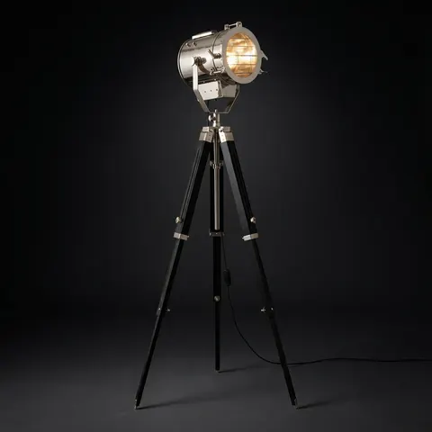 Chrome Spotlight on Black Wooden Tripod view 1