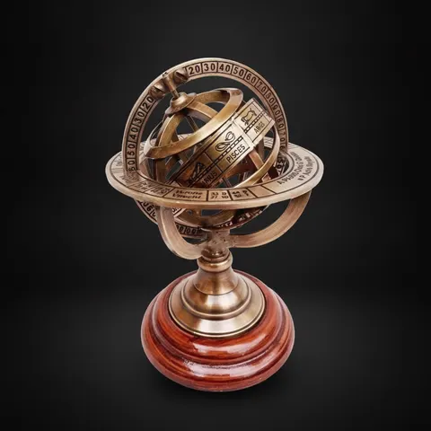 Miniature Brass Armillary Sphere on Wooden Base view 1