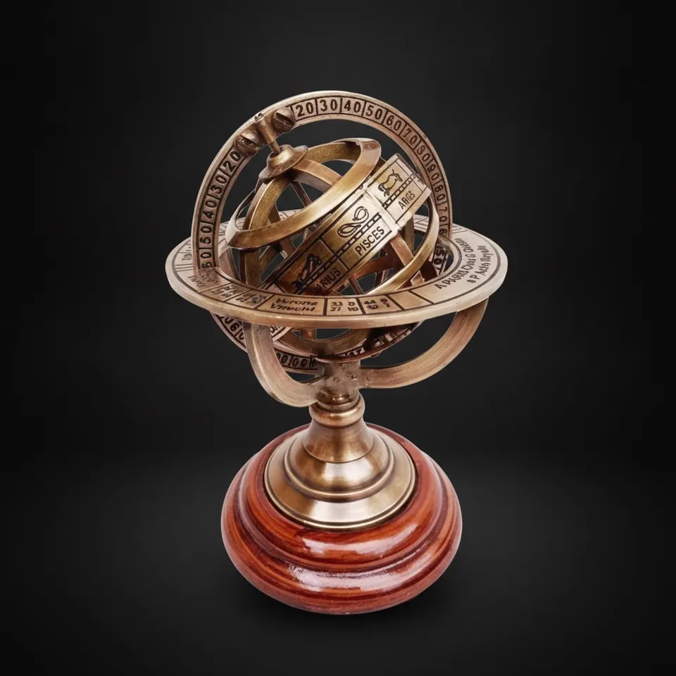 Miniature Brass Armillary Sphere on Wooden Base