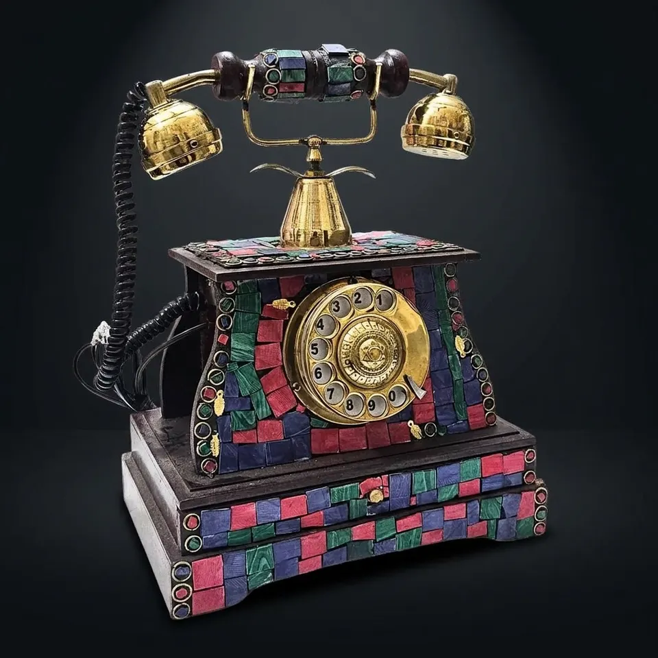 Victorian Brass Rotary Phone — Etched Wood Body