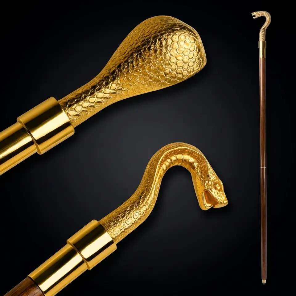 Polished Brass Snake Head Handle Rosewood Walking Stick