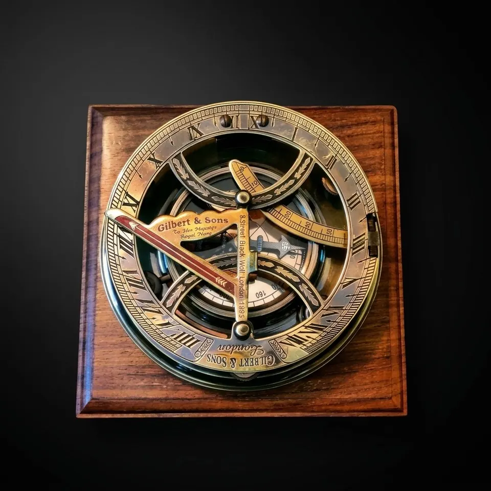 Antique Brass Sundial Compass with Presentation Box